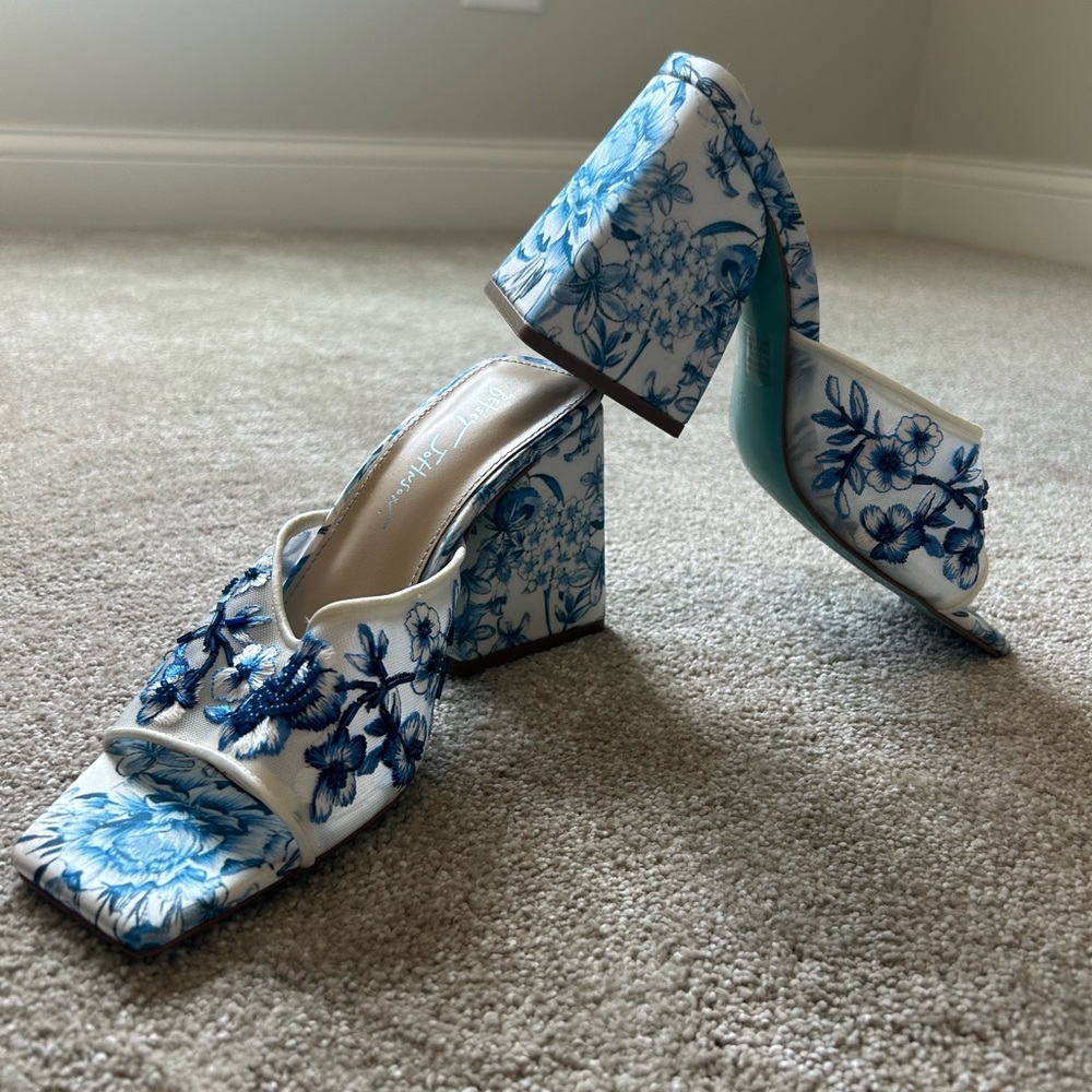 Betsey Johnson Blue and White Heeled Sandals